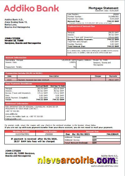 Bosnia and Herzegovina Addiko bank mortgage statement